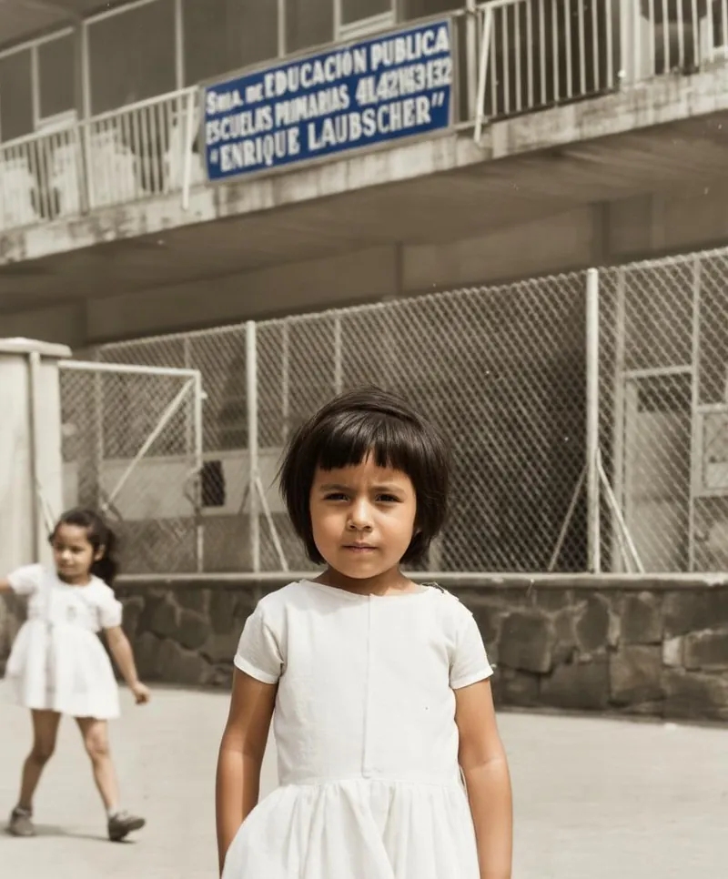 Patricia Moreno de niña frente a su escuela primaria