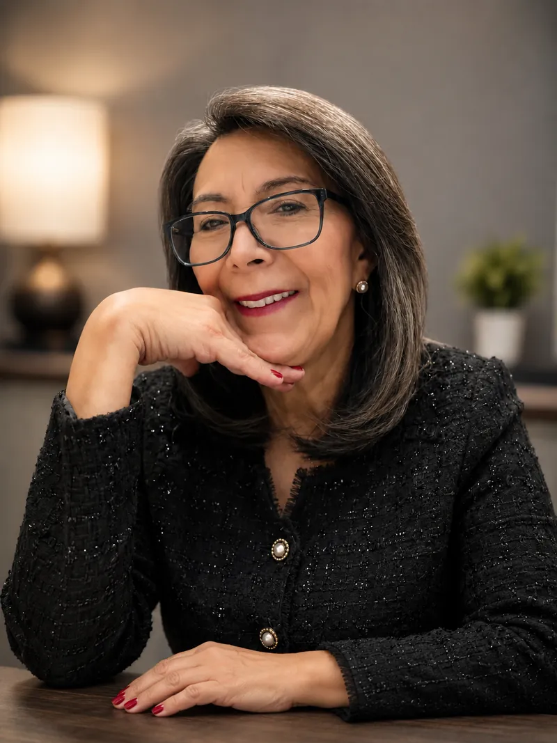 Retrato de Patricia Moreno sonriendo, con blazer negro y lentes